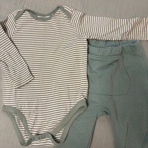 Striped Long-Sleeve One-Piece and Pants Set in Sage Green